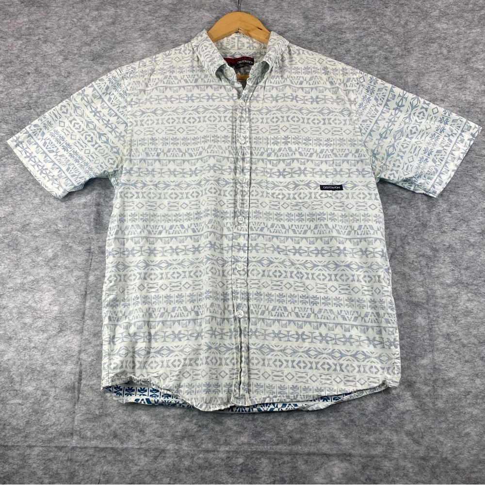 Distortion Mens Blue/White Tribal Design Inside Out‎ SS Button Down Shirt SZ M